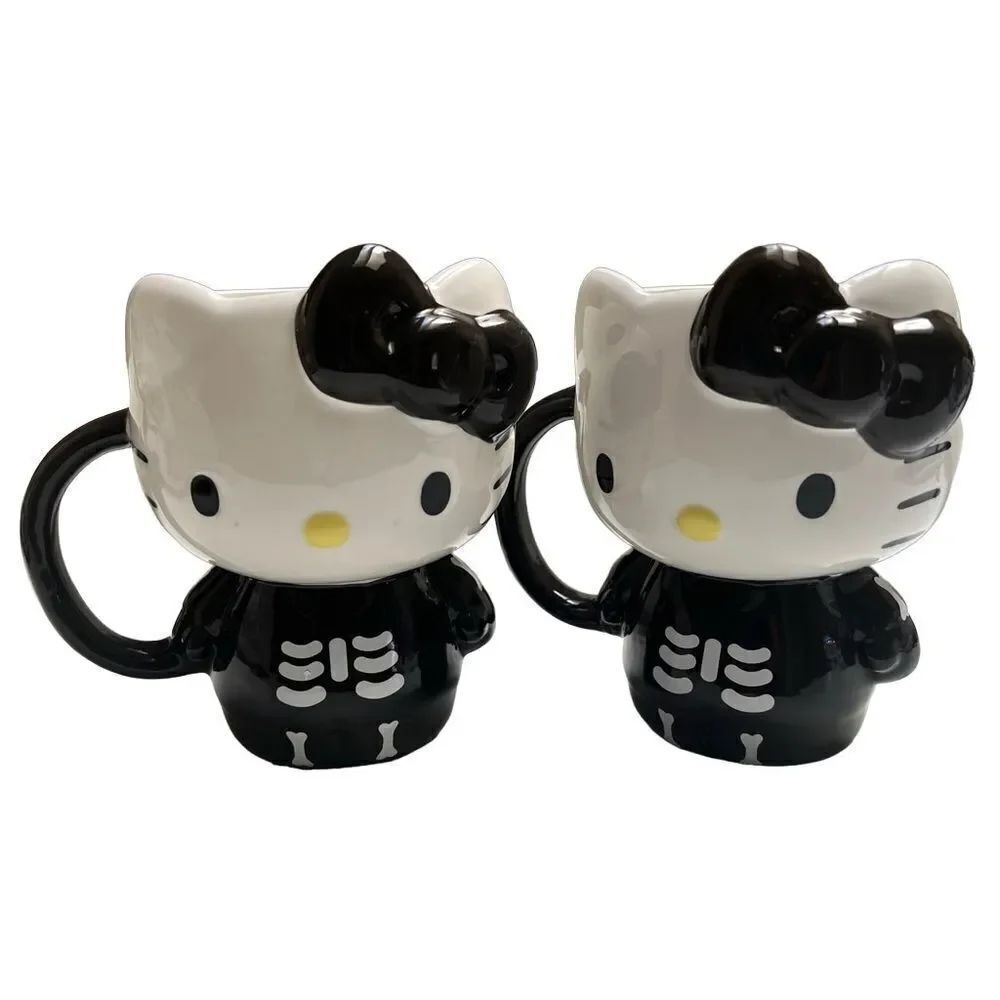 Sanrio Hello Kitty Halloween Skeleton Ceramic Mug Set of 2 Black White NEW